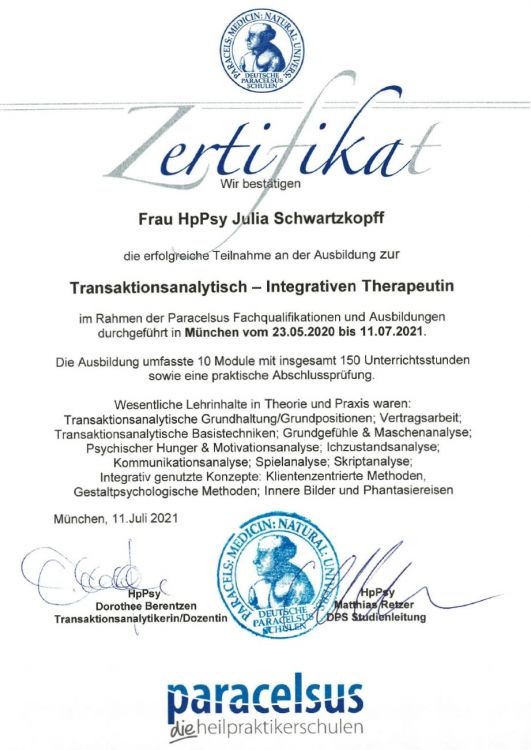 Zertifikat Transaktionsanalytisch-integrative Therapeutin